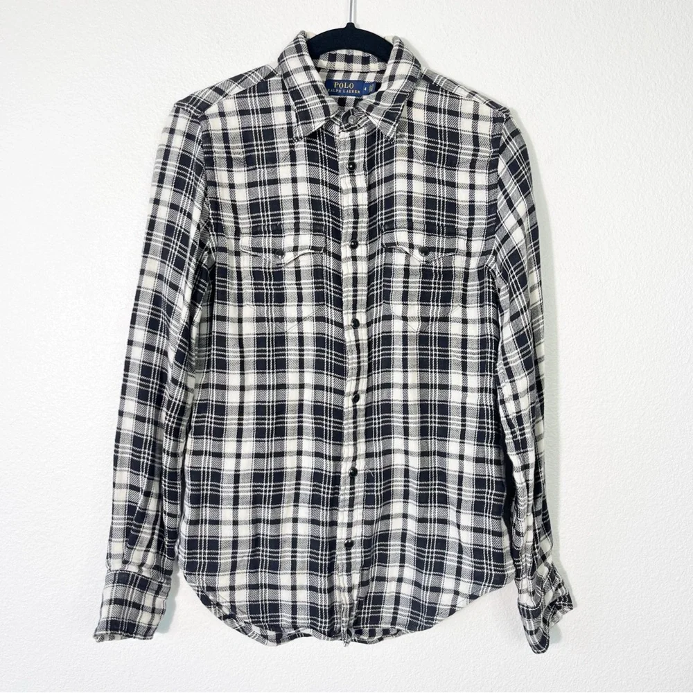 Polo Ralph Lauren Flannel Shirt Size 4 Black Plaid Western Country Pearl Snap